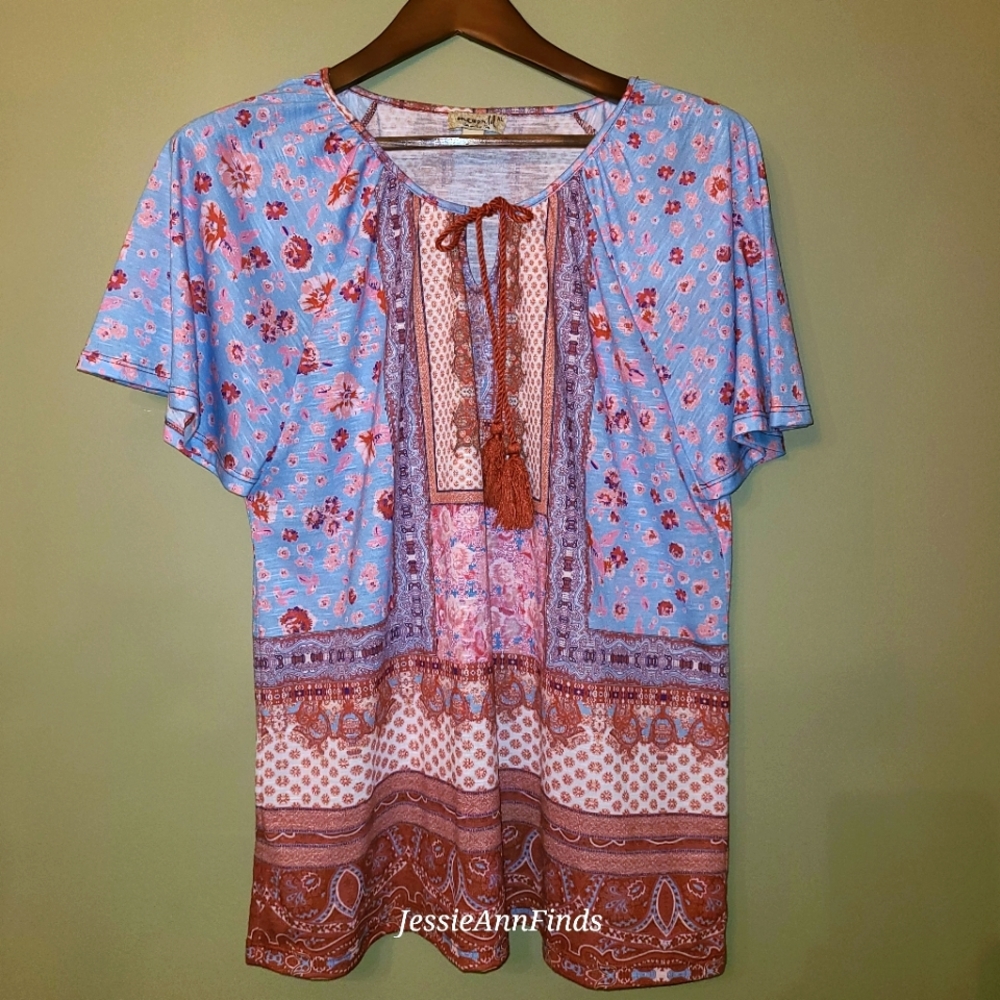 One World Flutter Sleeve Keyhole Tie Neck Mixed Print Boho Blouse Size XL